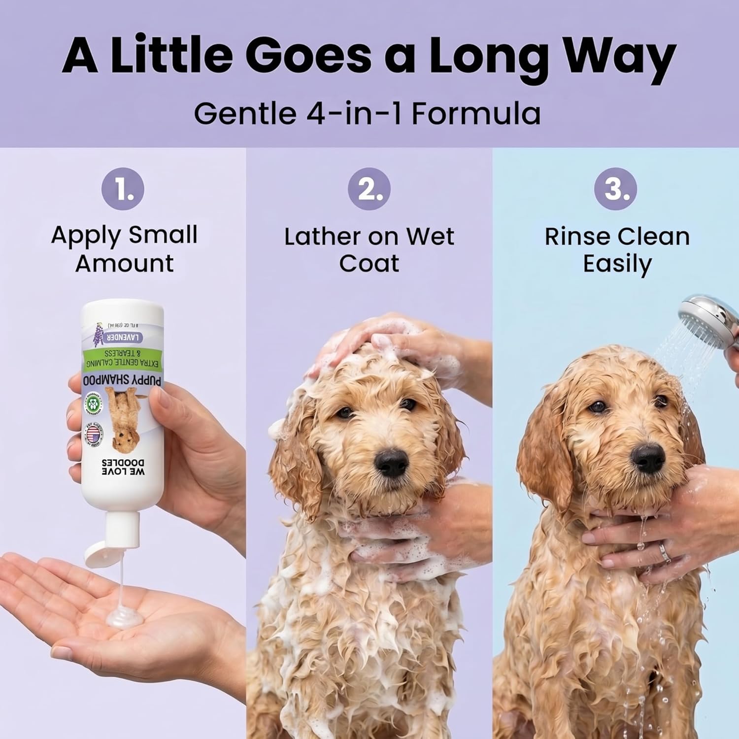 Premium 4 in 1 lavender scented dog shampoo for curly doodle coats.
