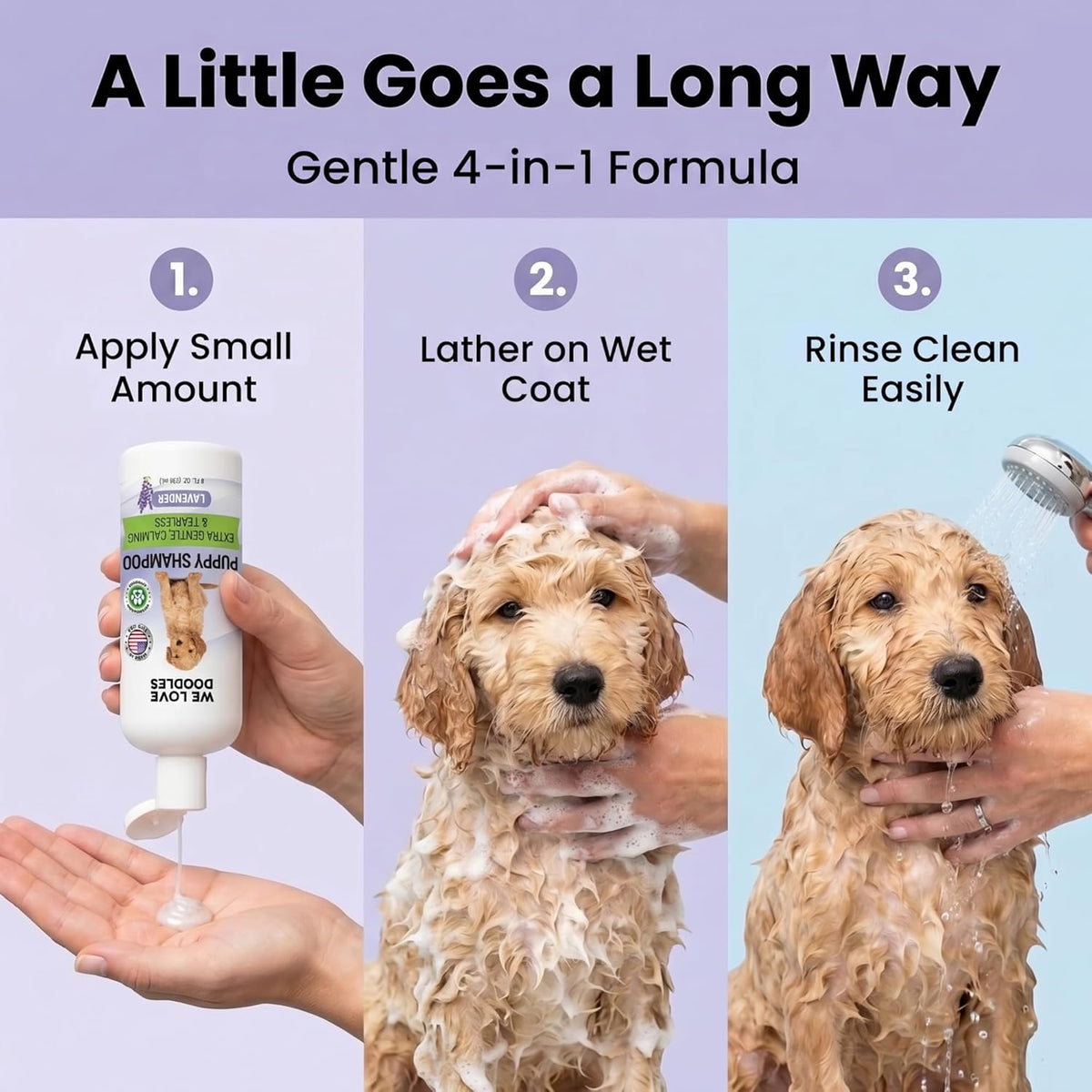 Premium 4 in 1 lavender scented dog shampoo for curly doodle coats.