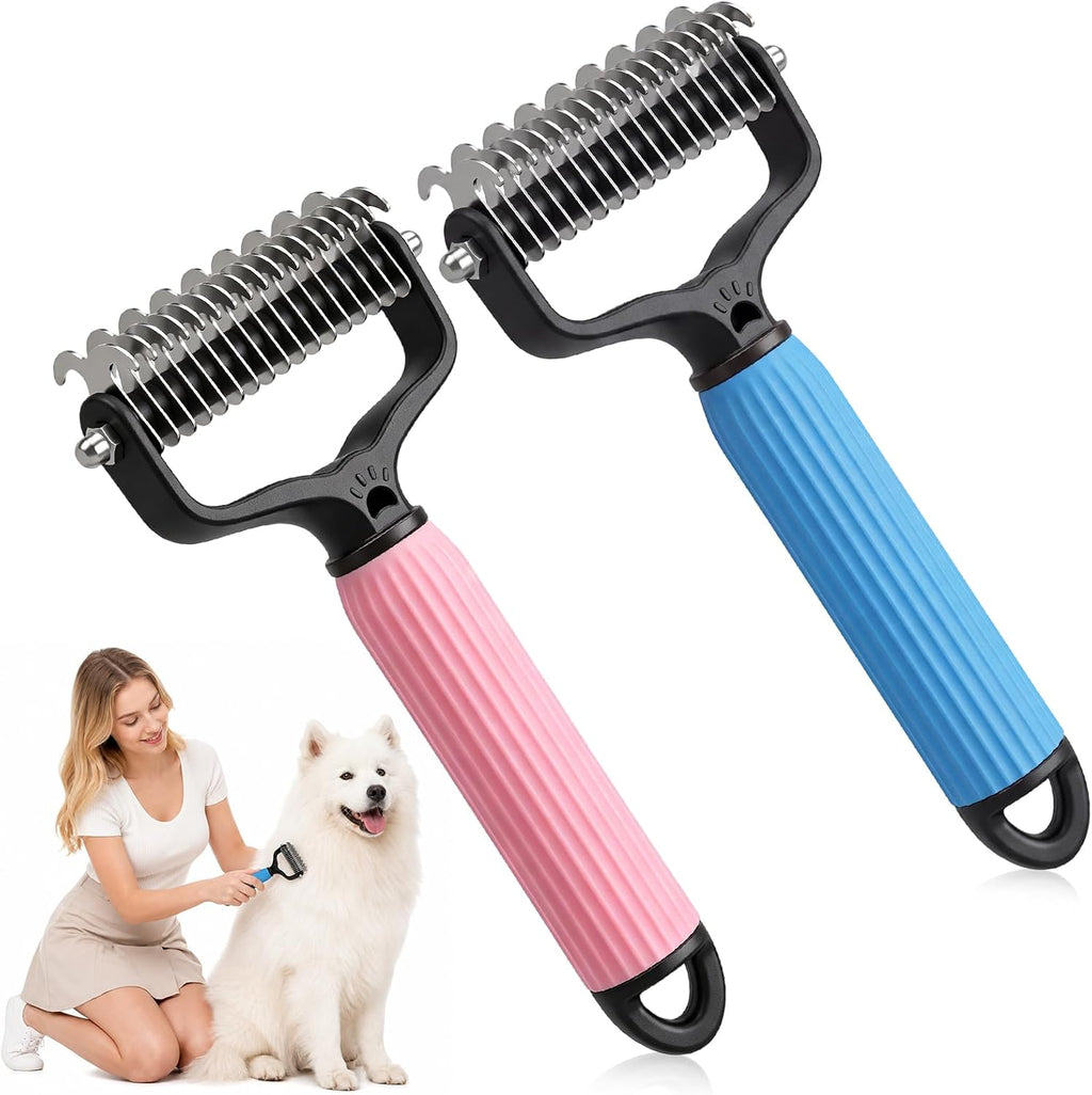 Mysite Double Sided Pet Grooming Brush pack front view showing blue and pink undercoat rakes.