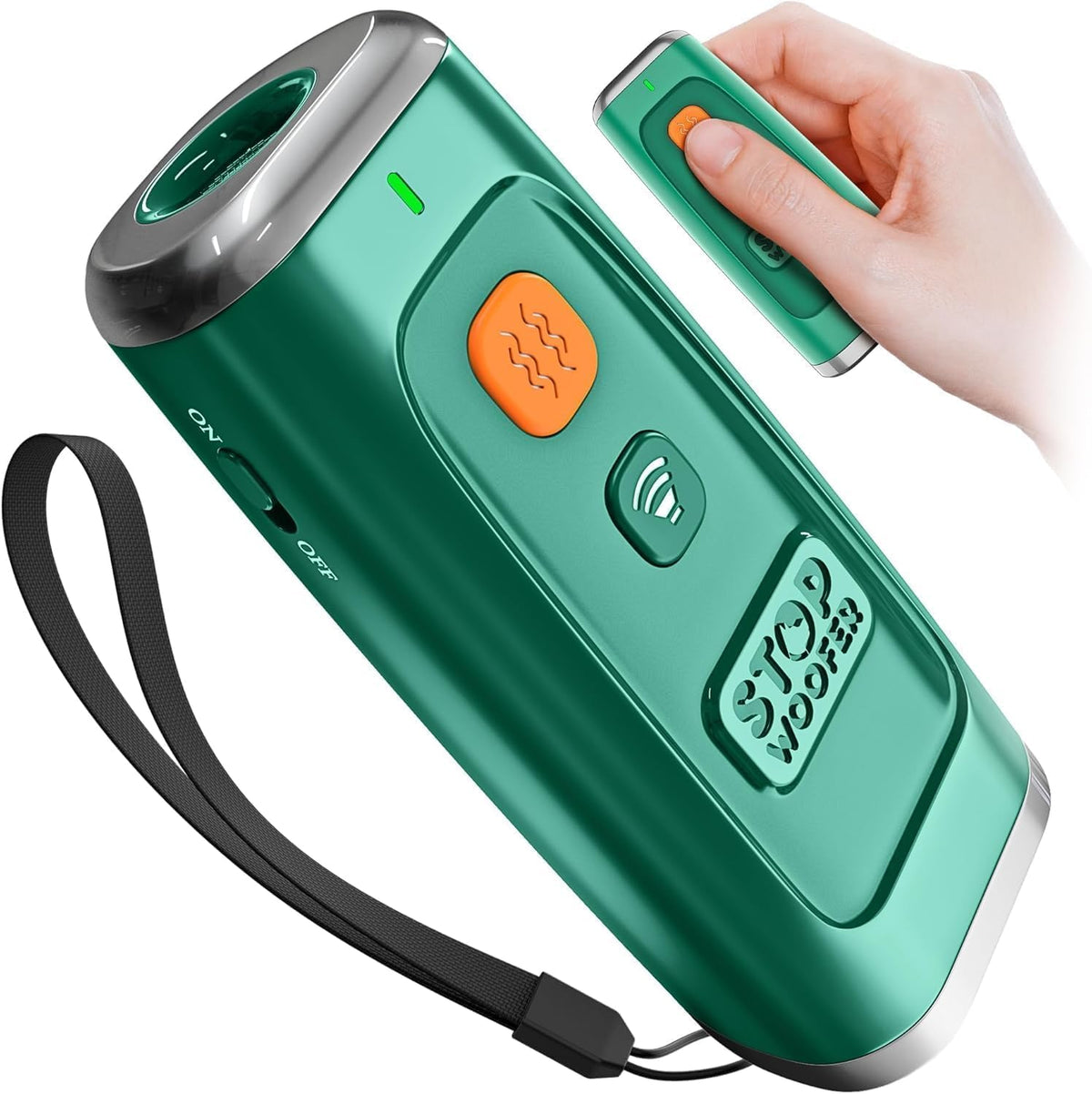 Stopwoofer dog bark deterrent device front view green finish