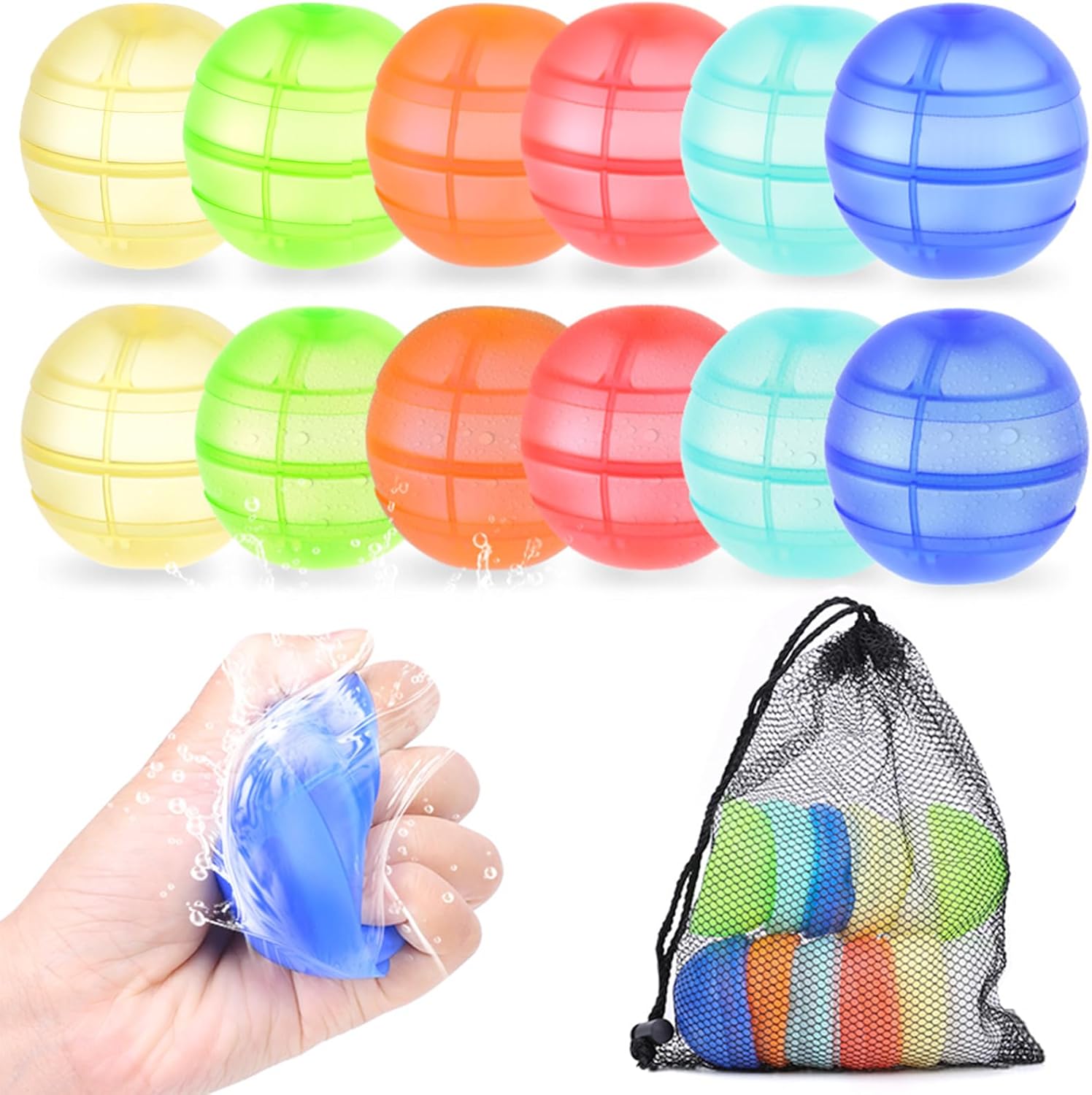 RURING Reusable Water Balloons front view showing twelve colorful silicone water bombs