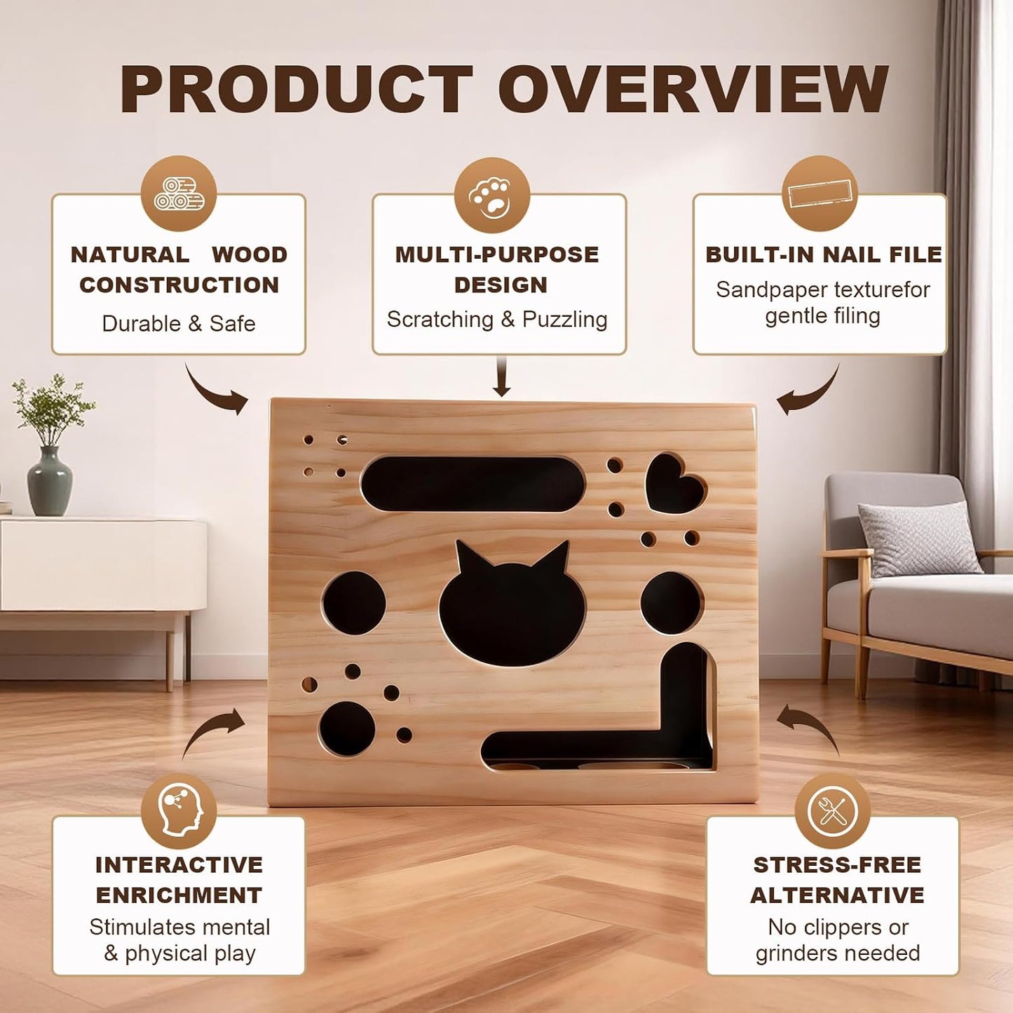 Helmxlnq interactive wooden cat scratcher puzzle box showing internal sandpaper lining