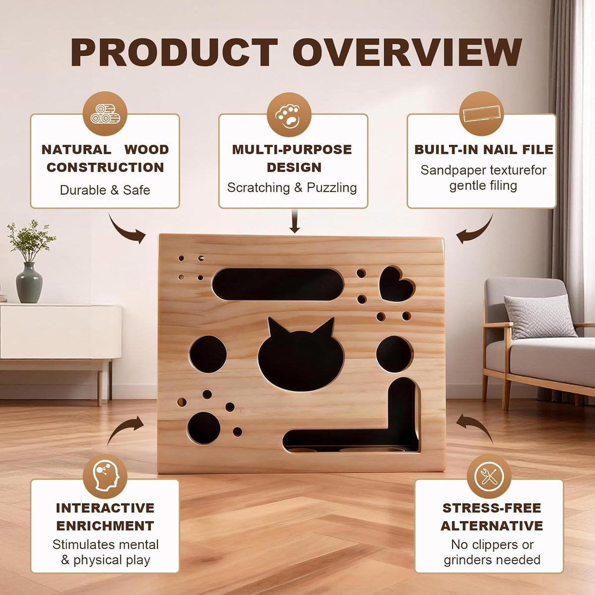 Helmxlnq interactive wooden cat scratcher puzzle box showing internal sandpaper lining