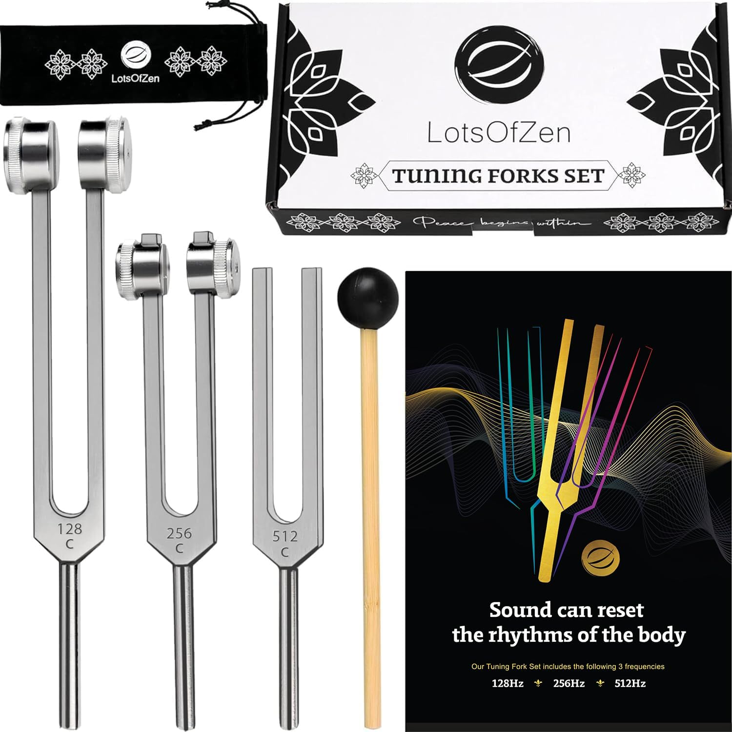 Lots Of Zen tuning forks for healing set showing three calibrated aluminum forks and mallet front view