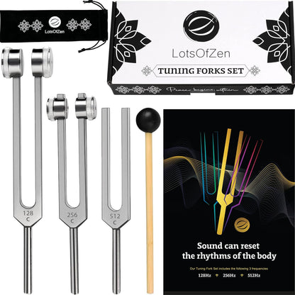 Lots Of Zen tuning forks for healing set showing three calibrated aluminum forks and mallet front view