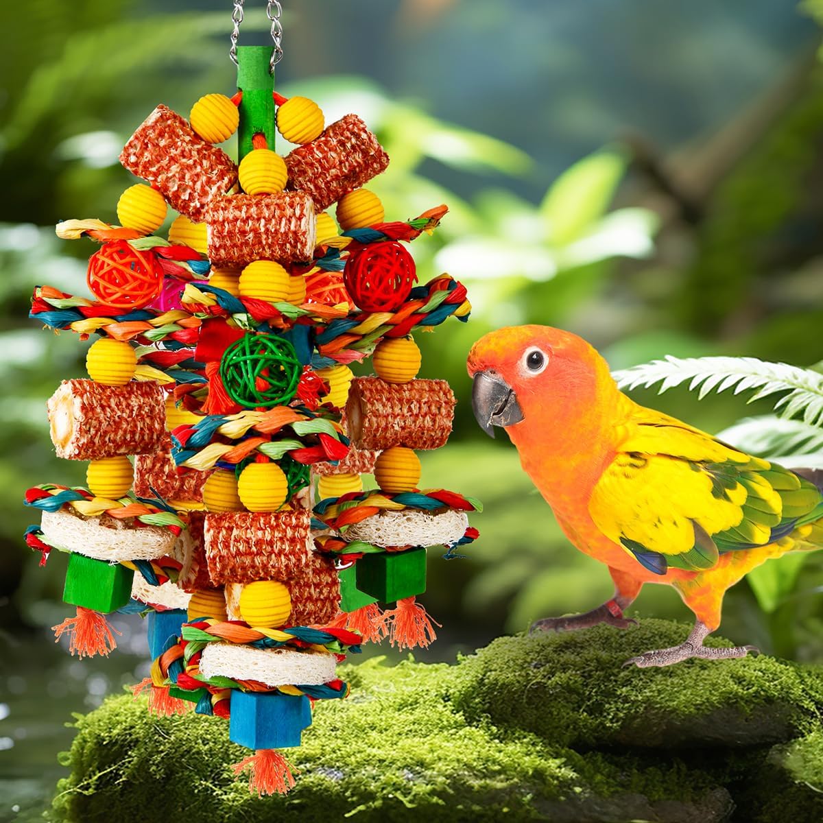 Close-up of the safe wooden beads, rattan balls, and loofah slices on the bird toy.