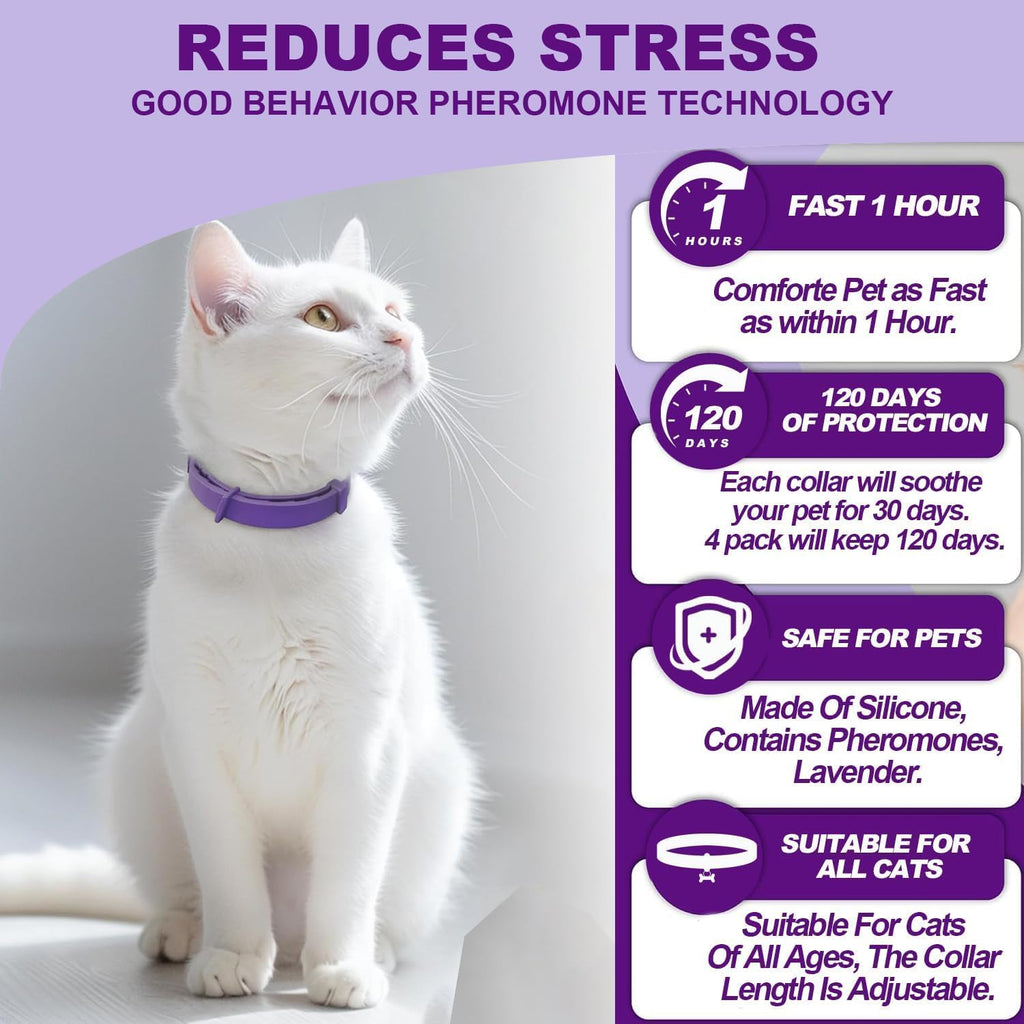 Back of packaging detailing instructions for the stress relief collar for cats.