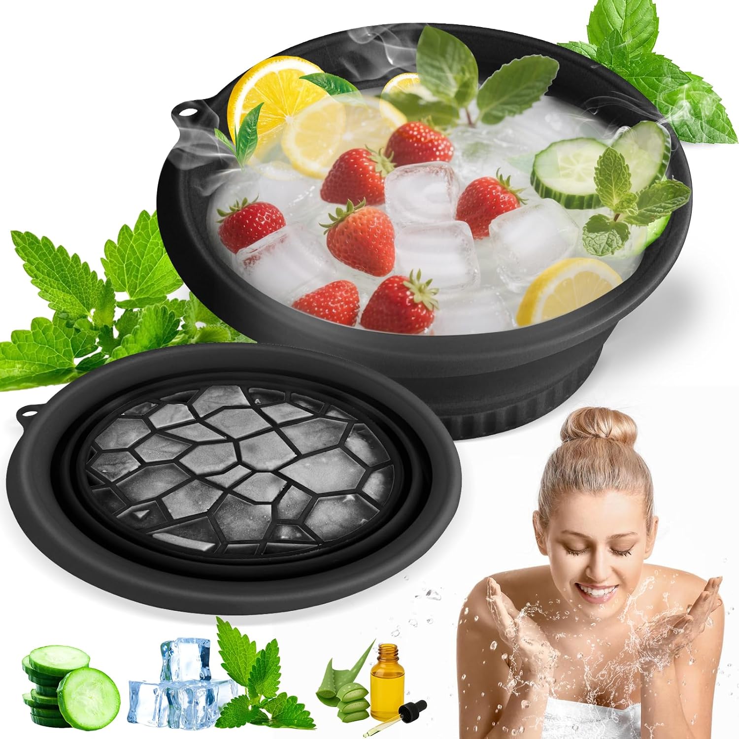 Amoner U collapsible face ice bowl front view showing the sleek black silicone design
