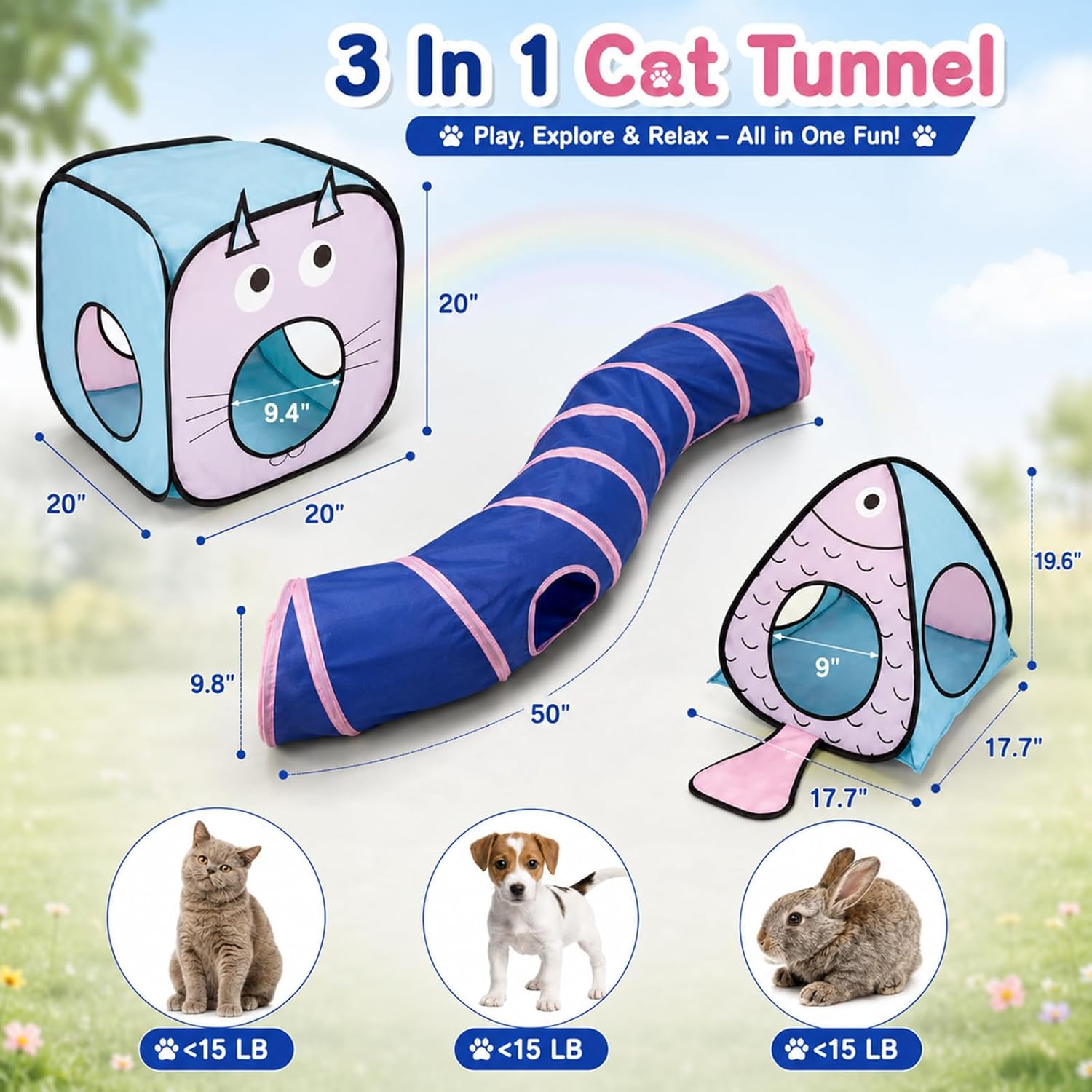 Rypet interactive collapsible cat tube with hanging toy ball and bell