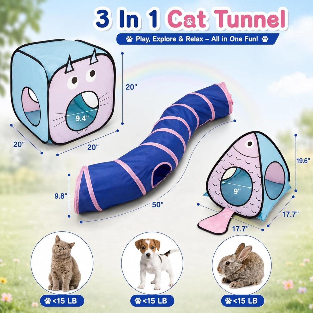 Rypet interactive collapsible cat tube with hanging toy ball and bell