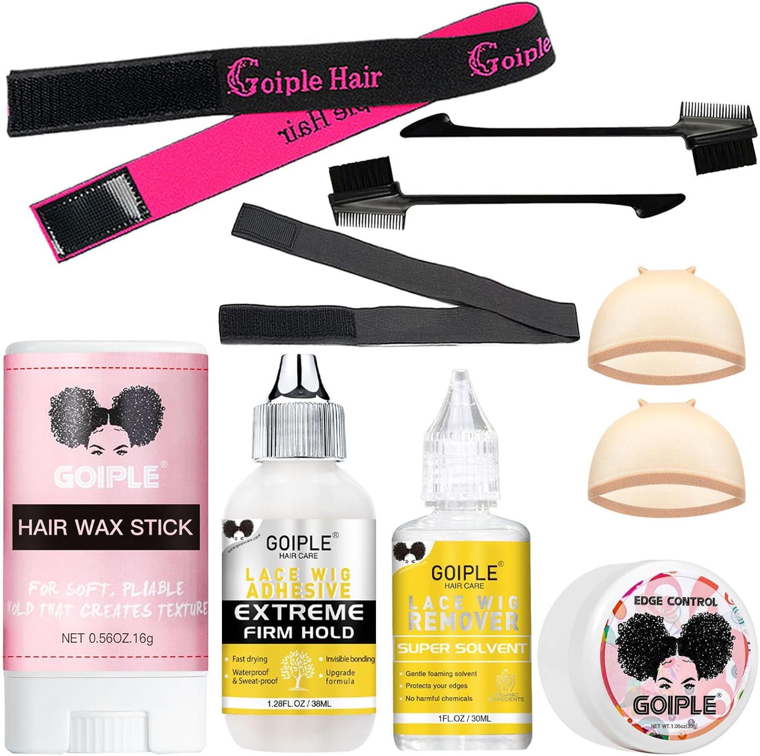 Goiple waterproof lace front wig glue essentials kit front view showing liquid adhesive bottle and tools