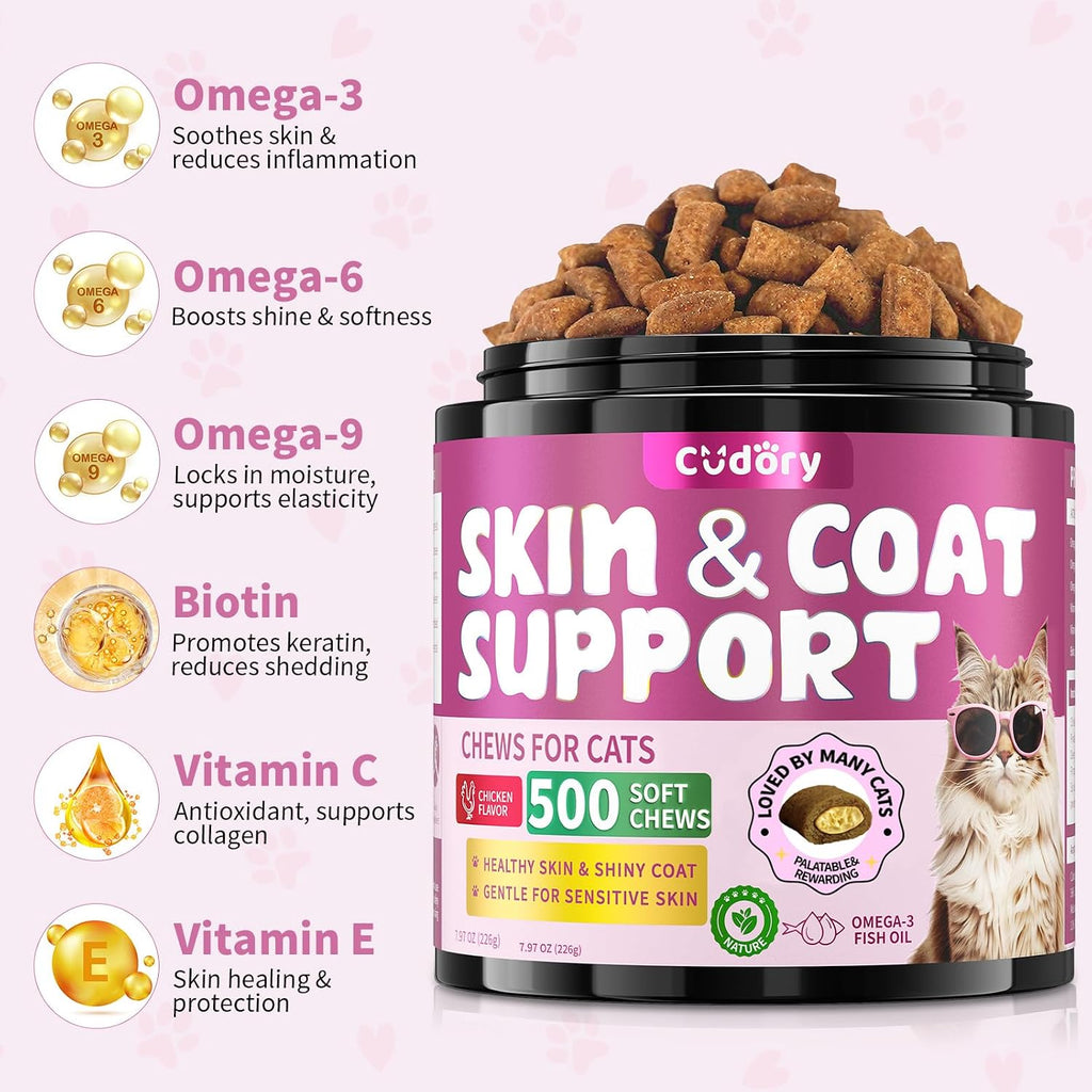 Back label of Cudory cat supplement detailing fish oil, biotin, and vitamin E ingredients.