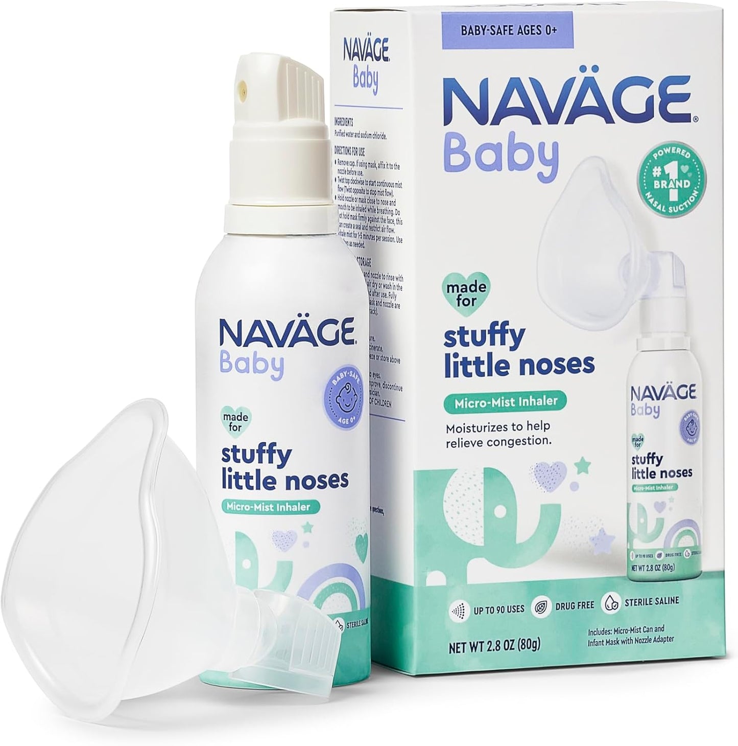Navage Baby Micro Mist Saline Inhaler front view packaging for baby nasal congestion relief