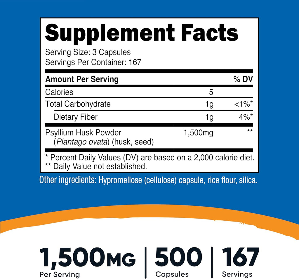 Nutricost Psyllium Husk capsules bottle nutritional supplement facts label