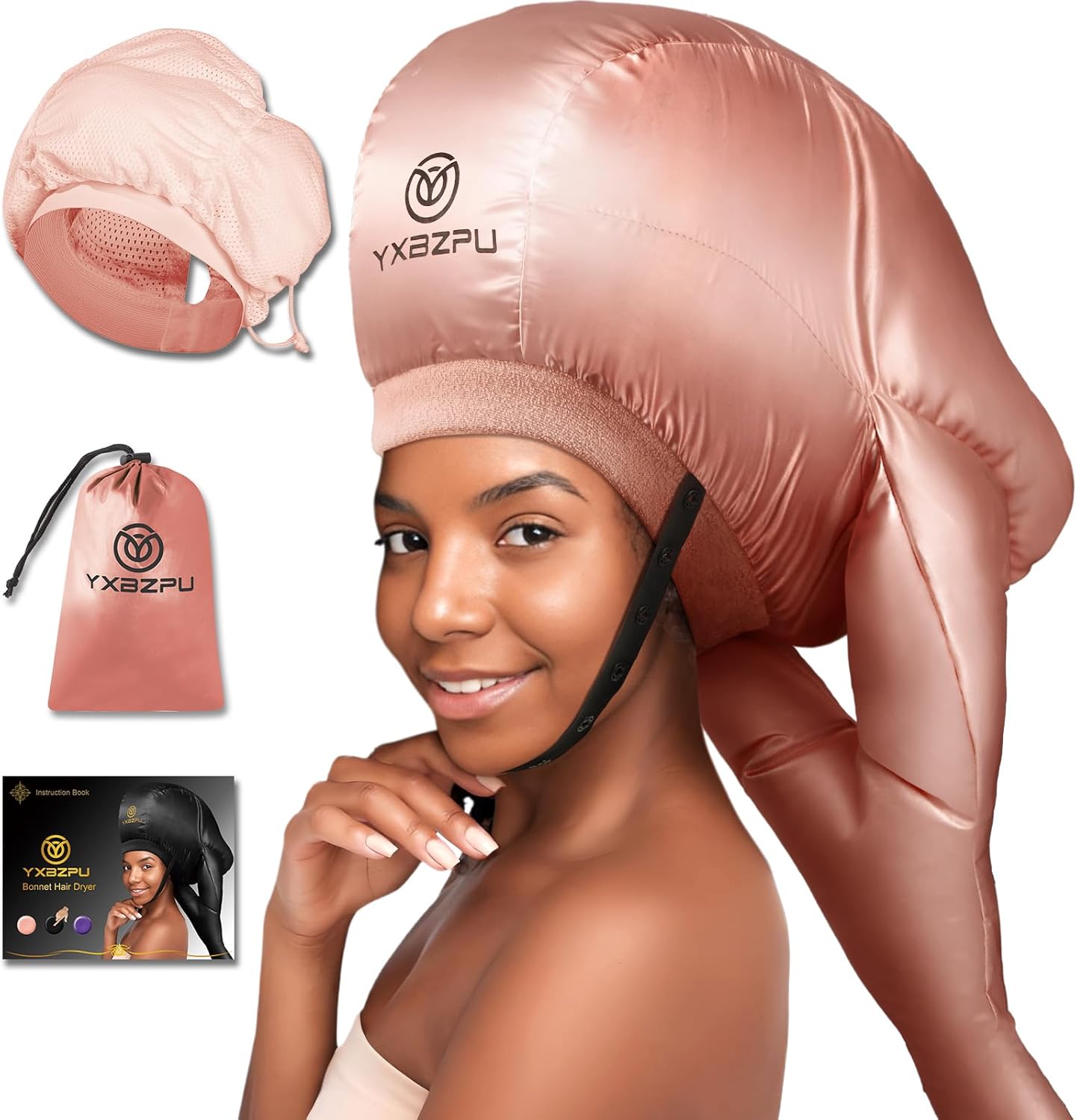 YXBZPU bonnet hair dryer attachment in pink color showing the full hooded diffuser cap and hose extension