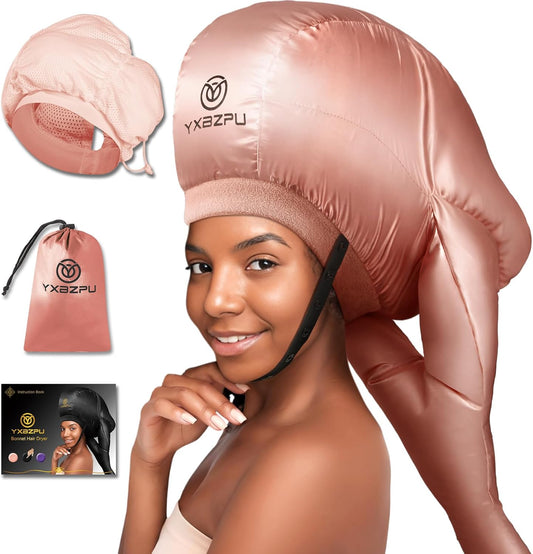 YXBZPU bonnet hair dryer attachment in pink color showing the full hooded diffuser cap and hose extension