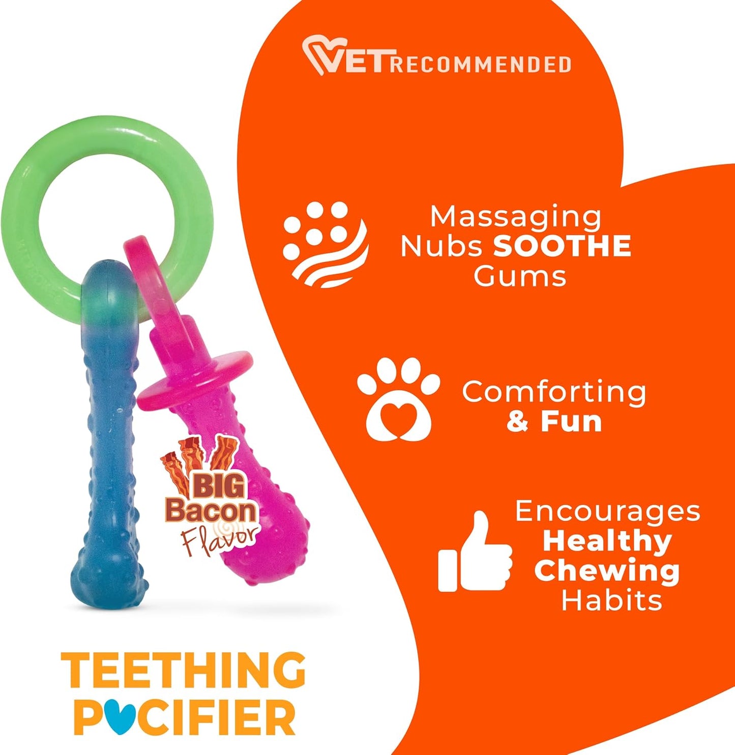 Soft thermoplastic polymer puppy pacifier toy close up of massaging nubs
