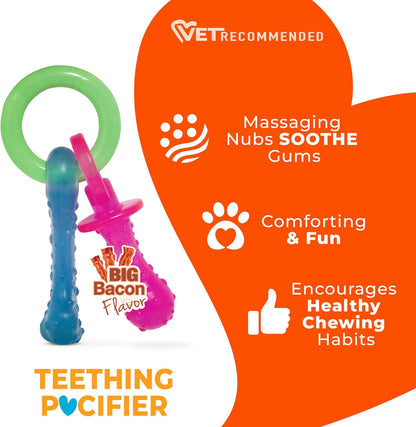 Soft thermoplastic polymer puppy pacifier toy close up of massaging nubs