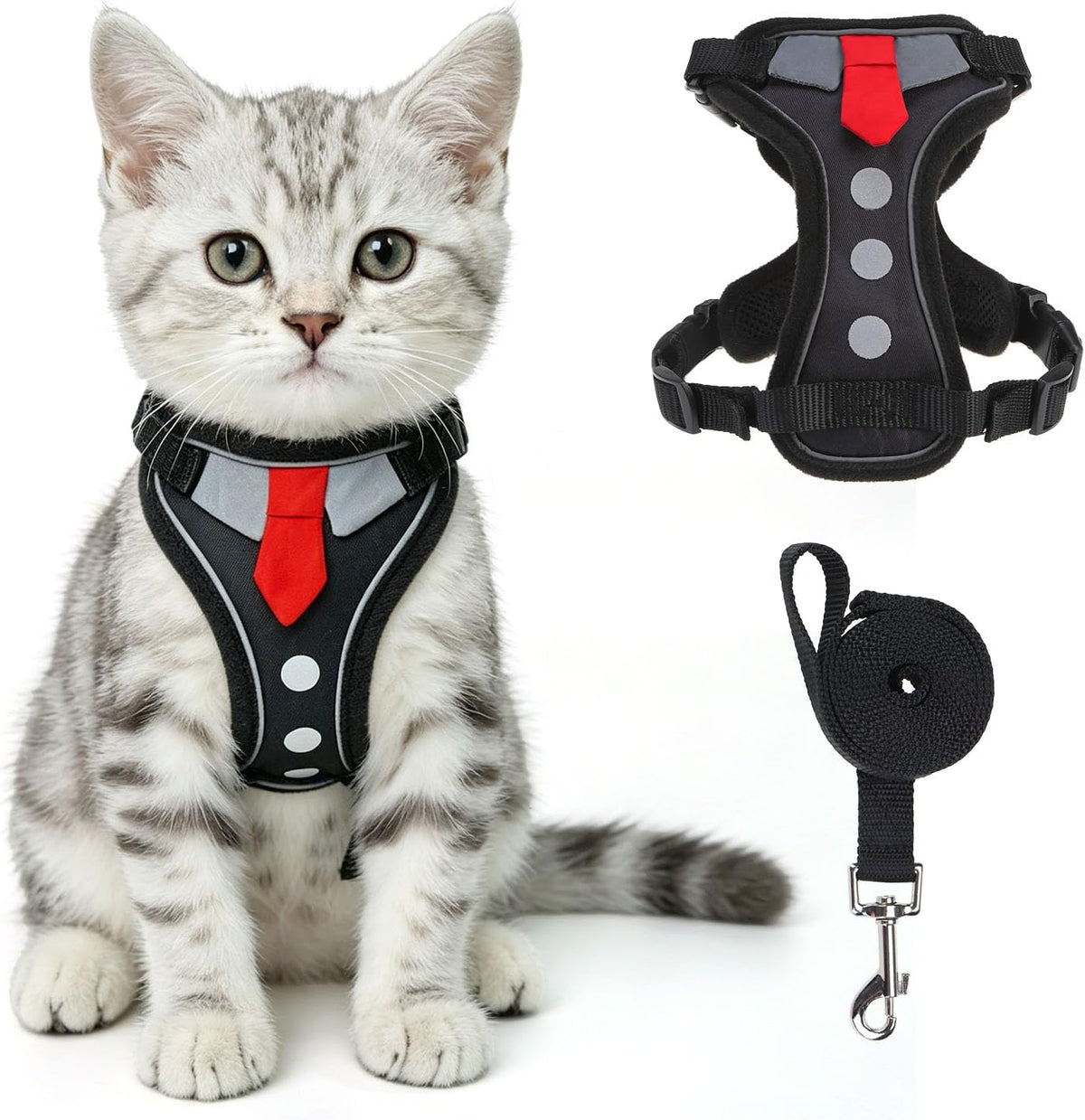 BEAUTYZOO escape proof cat harness in black tie design front view