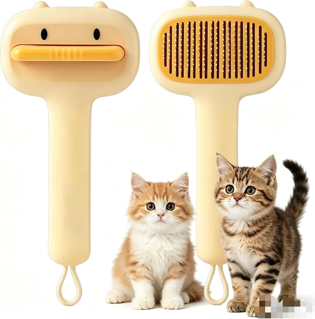 Rudra Retails self cleaning pet grooming brush front view showing yellow duck design.