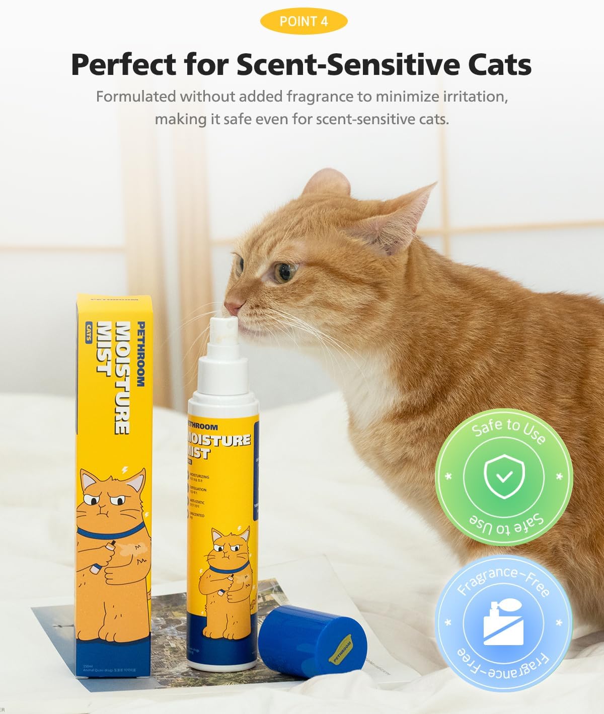 Cat leave-in conditioner spray being applied to long-haired cat coat