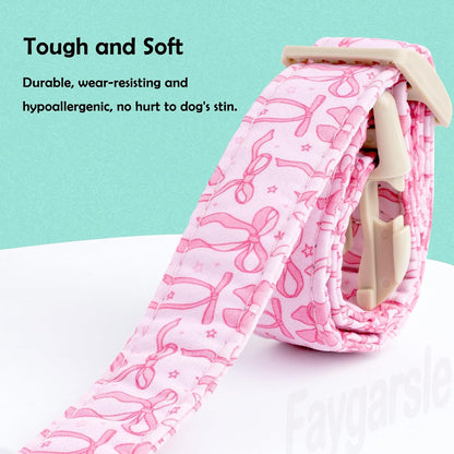 Adjustable pink cotton dog collar with metal D-ring