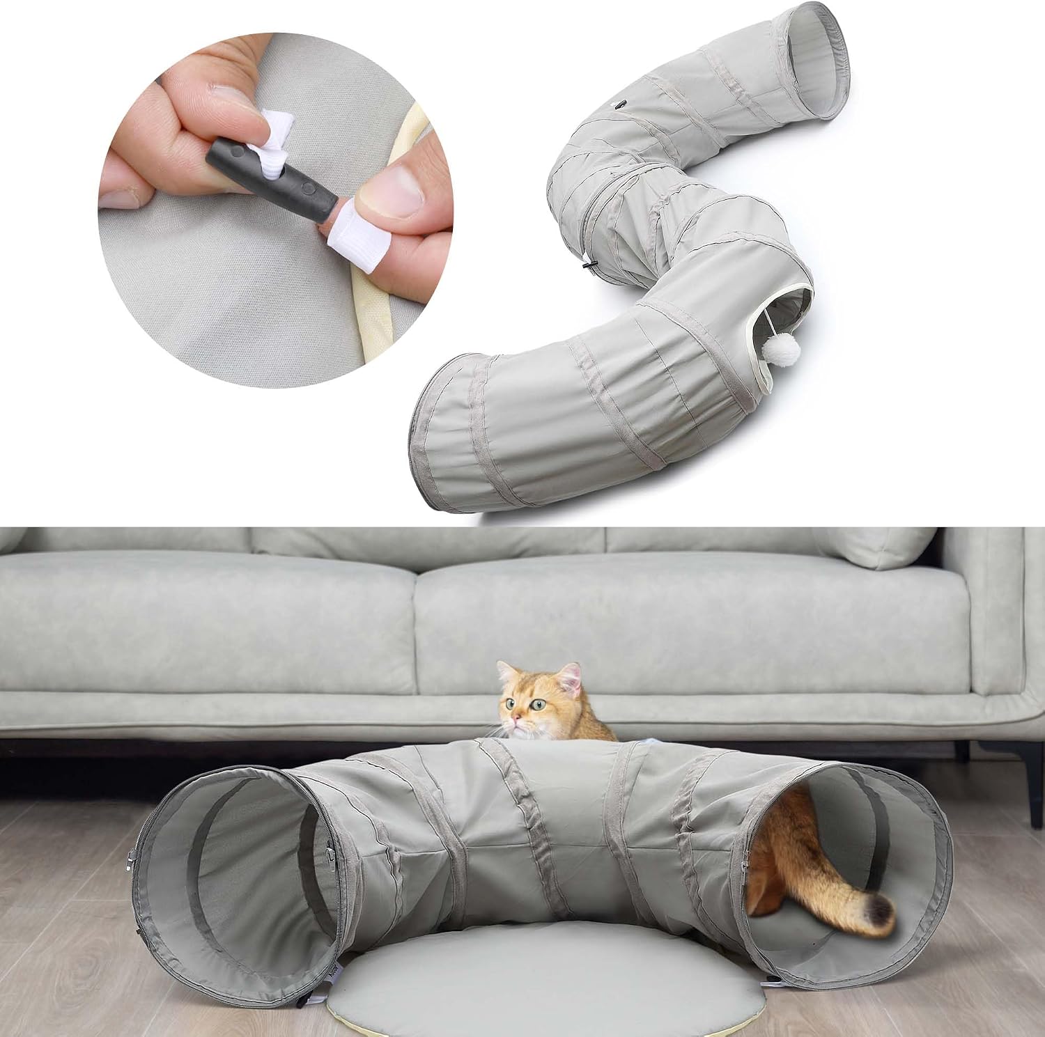 Collapsible two in one cat donut tunnel folded flat for space saving storage