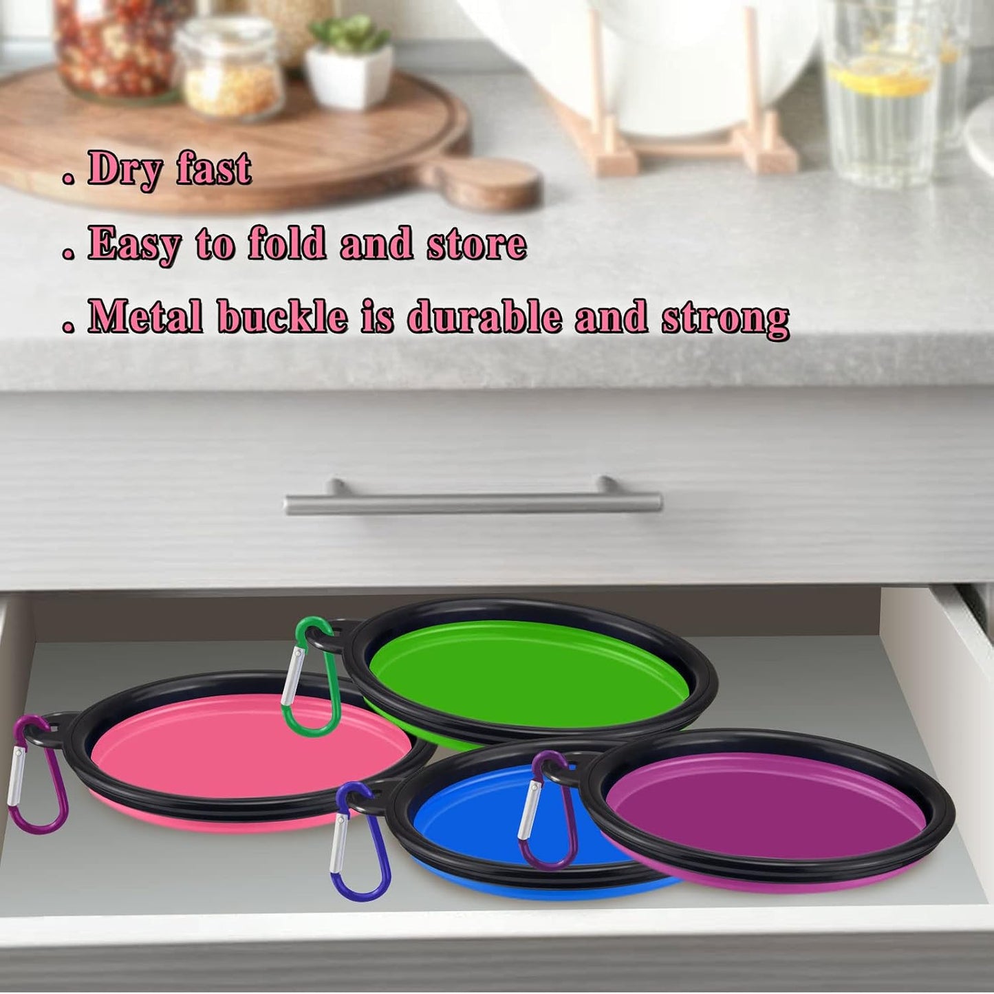 Close up of food grade silicone travel pet bowl holding fresh water