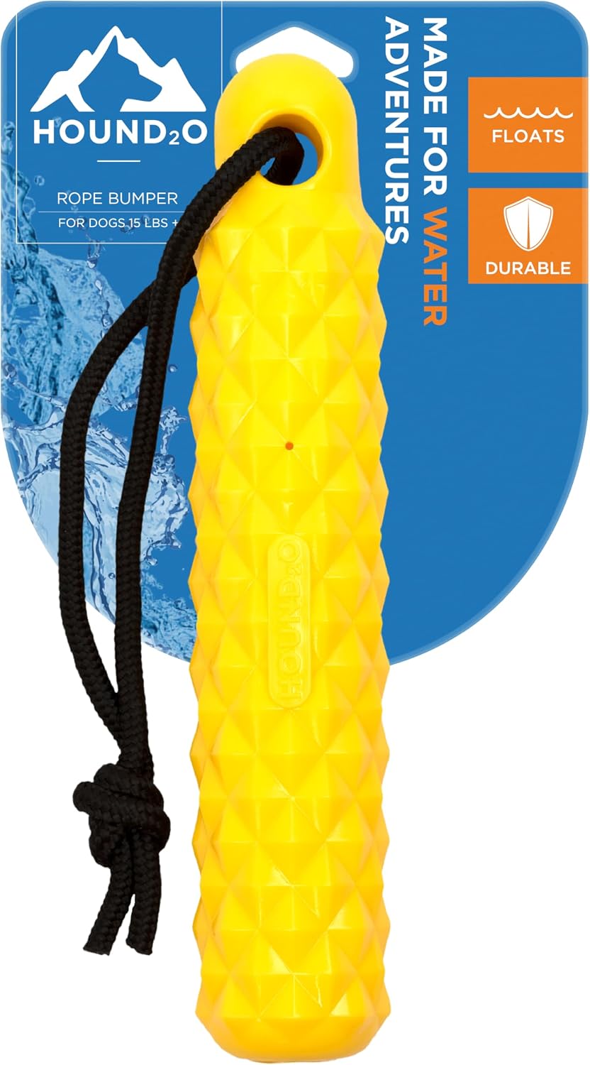Medium size HOUND2O rope bumper being held by the nylon rope