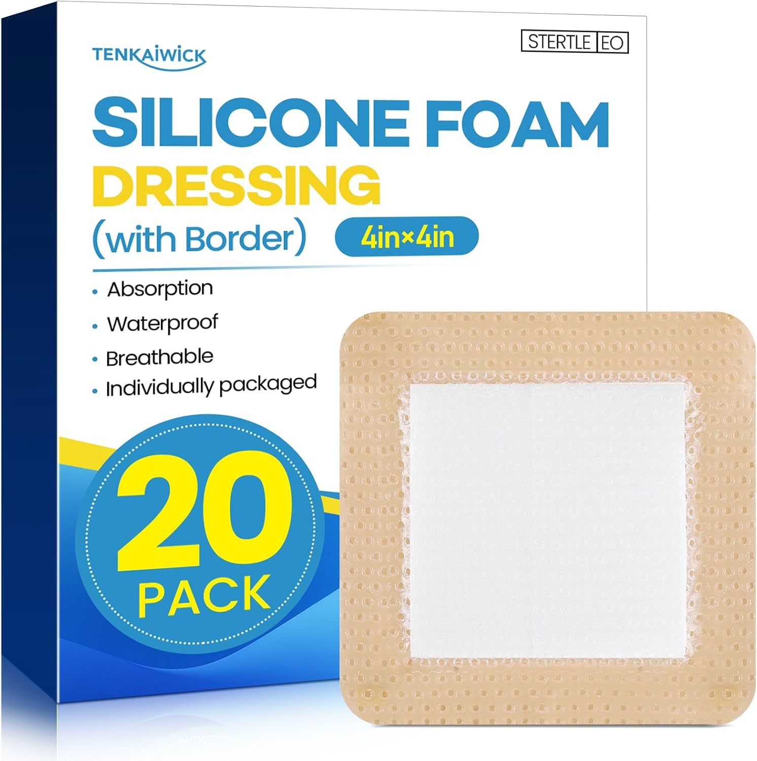 Tenkaiwick silicone foam dressing 20 pack box front view showing advanced wound care bandages.
