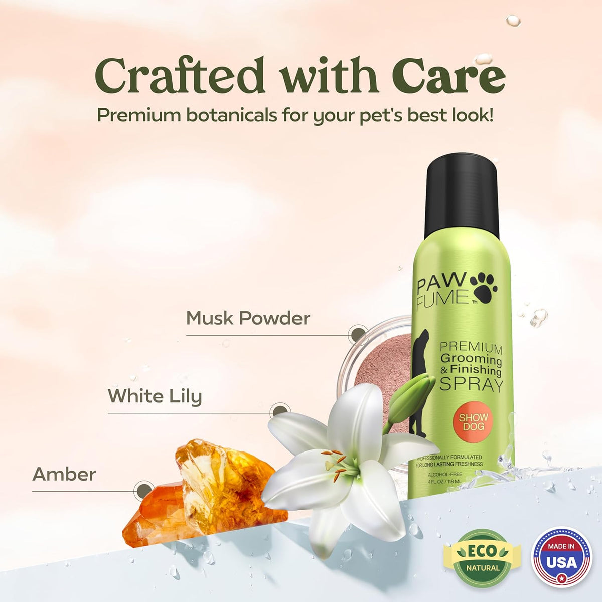Paw Fume four fluid ounce pet grooming spray bottle on a clean background