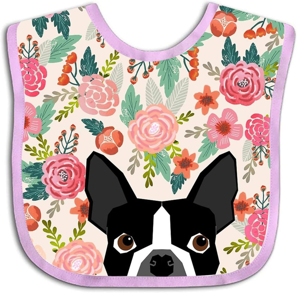 Granbey Boston Terrier baby bib front view featuring floral pattern.