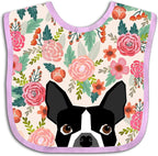 Granbey Boston Terrier baby bib front view featuring floral pattern.