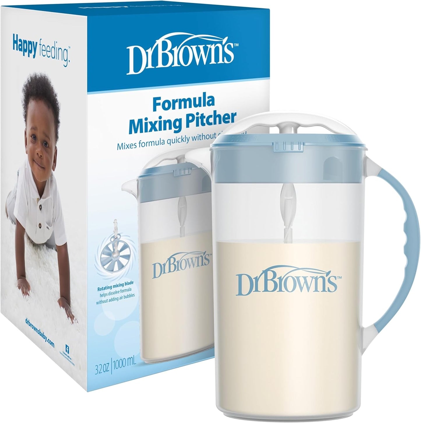 Dr. Brown's Baby Formula Mixing Pitcher front view showcasing the blue handle and clear 36 Ounce measurement markings.