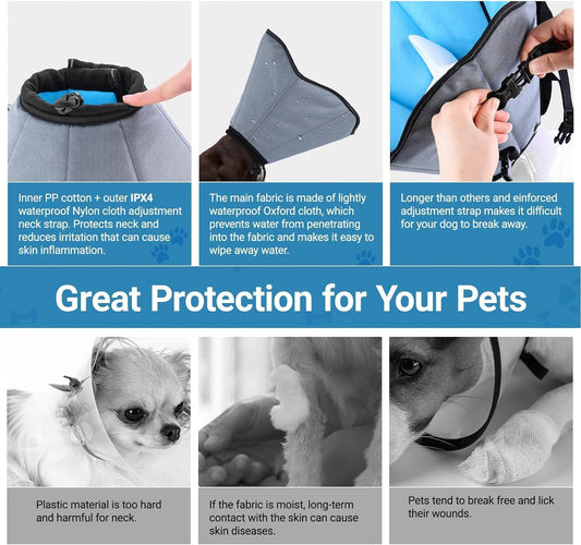 Adjustable Elizabethan collar for dog after surgery showing the neck drawstring mechanism.