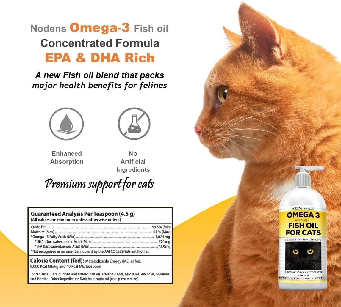 Eight fluid ounce bottle of Nodens cat supplement for immune support and shiny fur