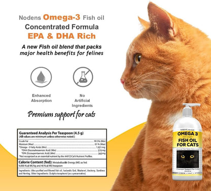 Eight fluid ounce bottle of Nodens cat supplement for immune support and shiny fur