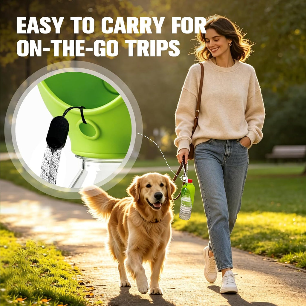 Yonisole portable dog water bowl flipped open into a drinking cup for outdoor pet hydration.