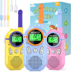 MOICO rechargeable kids walkie talkies three pack front view showing yellow pink and blue models with backlit LCD screens.