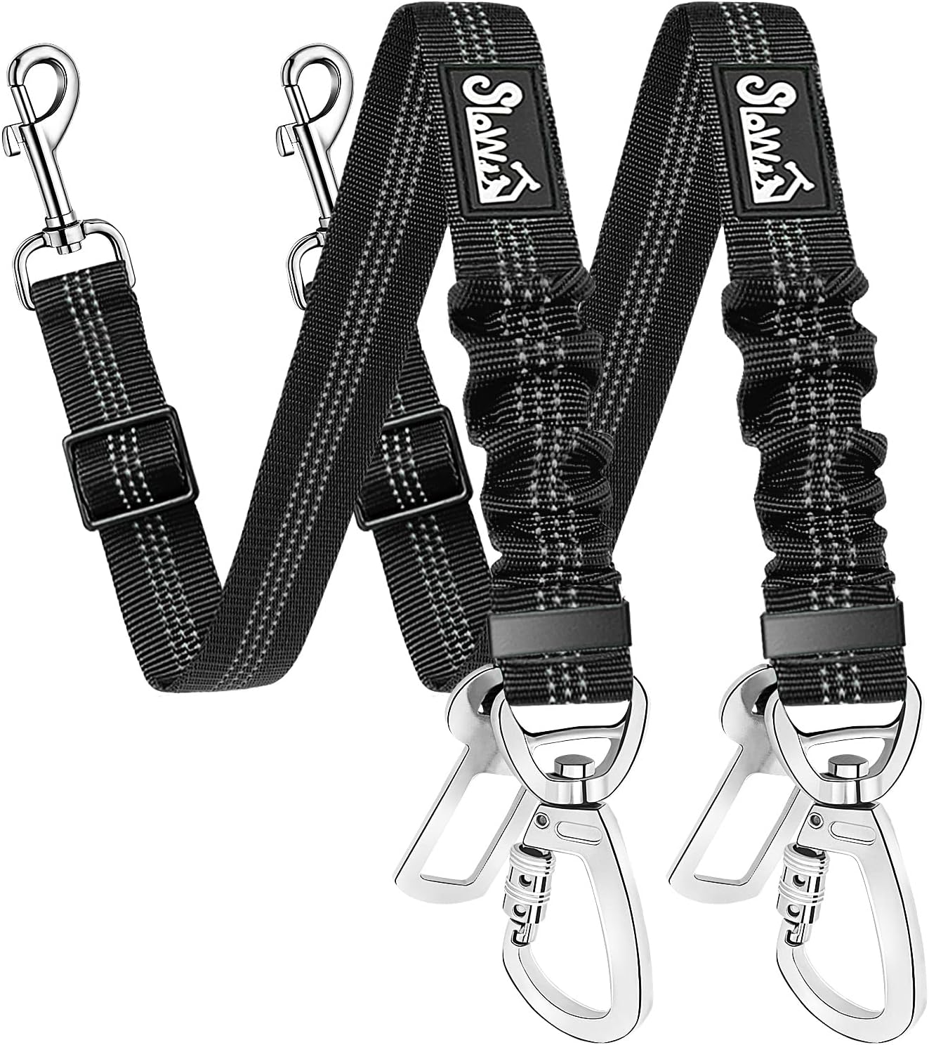 SlowTon Dog Seatbelt, 2 Pack Dog Seat Belt Car Leash Adjustable Elastic Bungee Buffer Heavy Duty Nylon Reflective Pet Safety Tether Connect to Dog Harness for Travel Riding in Vehicle (Daul Clip, B) - Image 1