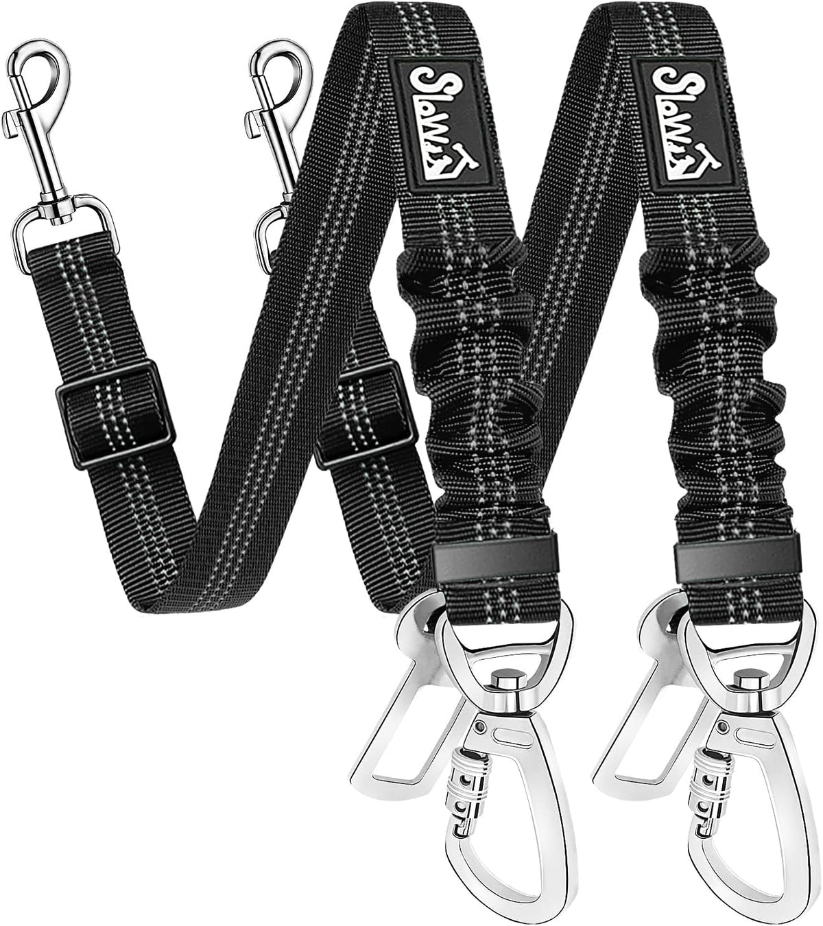 SlowTon Dog Seatbelt, 2 Pack Dog Seat Belt Car Leash Adjustable Elastic Bungee Buffer Heavy Duty Nylon Reflective Pet Safety Tether Connect to Dog Harness for Travel Riding in Vehicle (Daul Clip, B) - Image 1