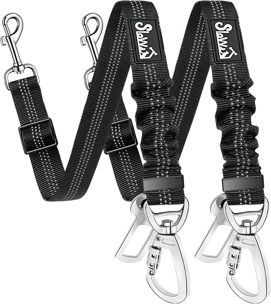 SlowTon Dog Seatbelt, 2 Pack Dog Seat Belt Car Leash Adjustable Elastic Bungee Buffer Heavy Duty Nylon Reflective Pet Safety Tether Connect to Dog Harness for Travel Riding in Vehicle (Daul Clip, B) - Image 1