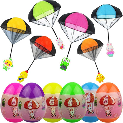 Pinkiwine 6 Pack Easter Eggs with Parachute Toys front view showcasing prefilled plastic eggs.
