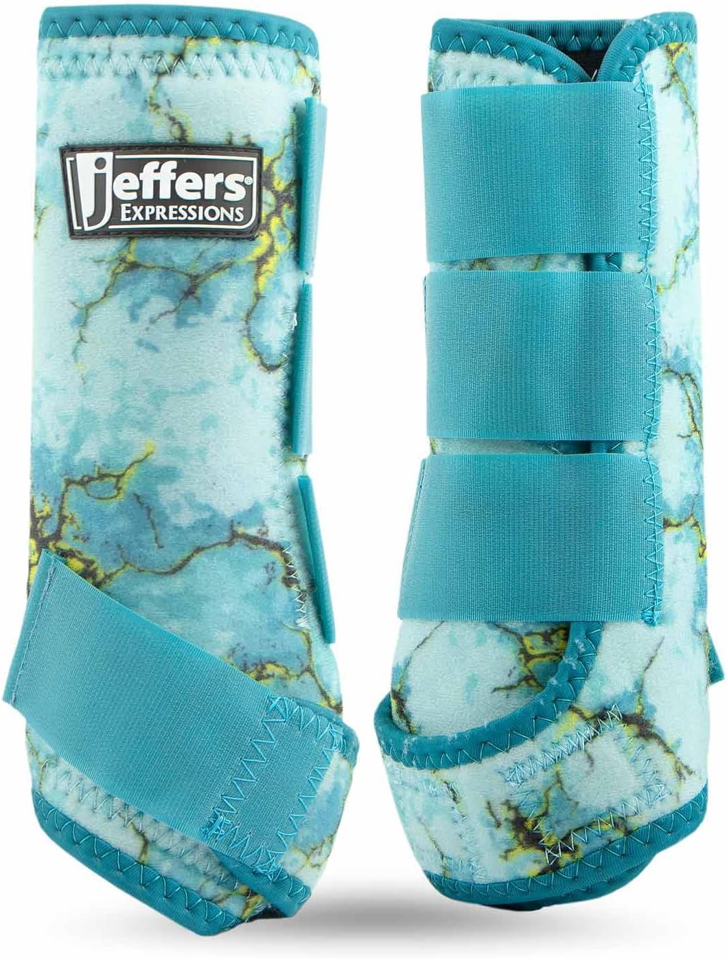 Jeffers Expression Protective Horse Boots front view in Bisbee Blue turquoise marble pattern.