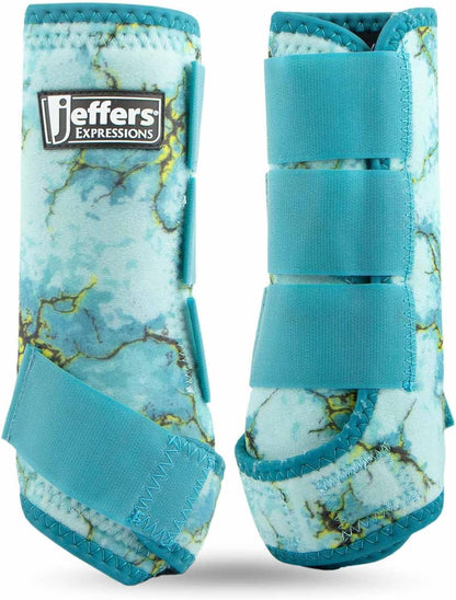 Jeffers Expression Protective Horse Boots front view in Bisbee Blue turquoise marble pattern.