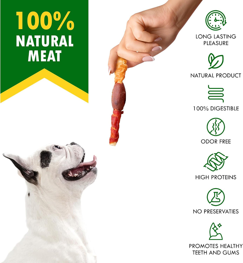 Grain free rawhide dog treats for dental health defense.