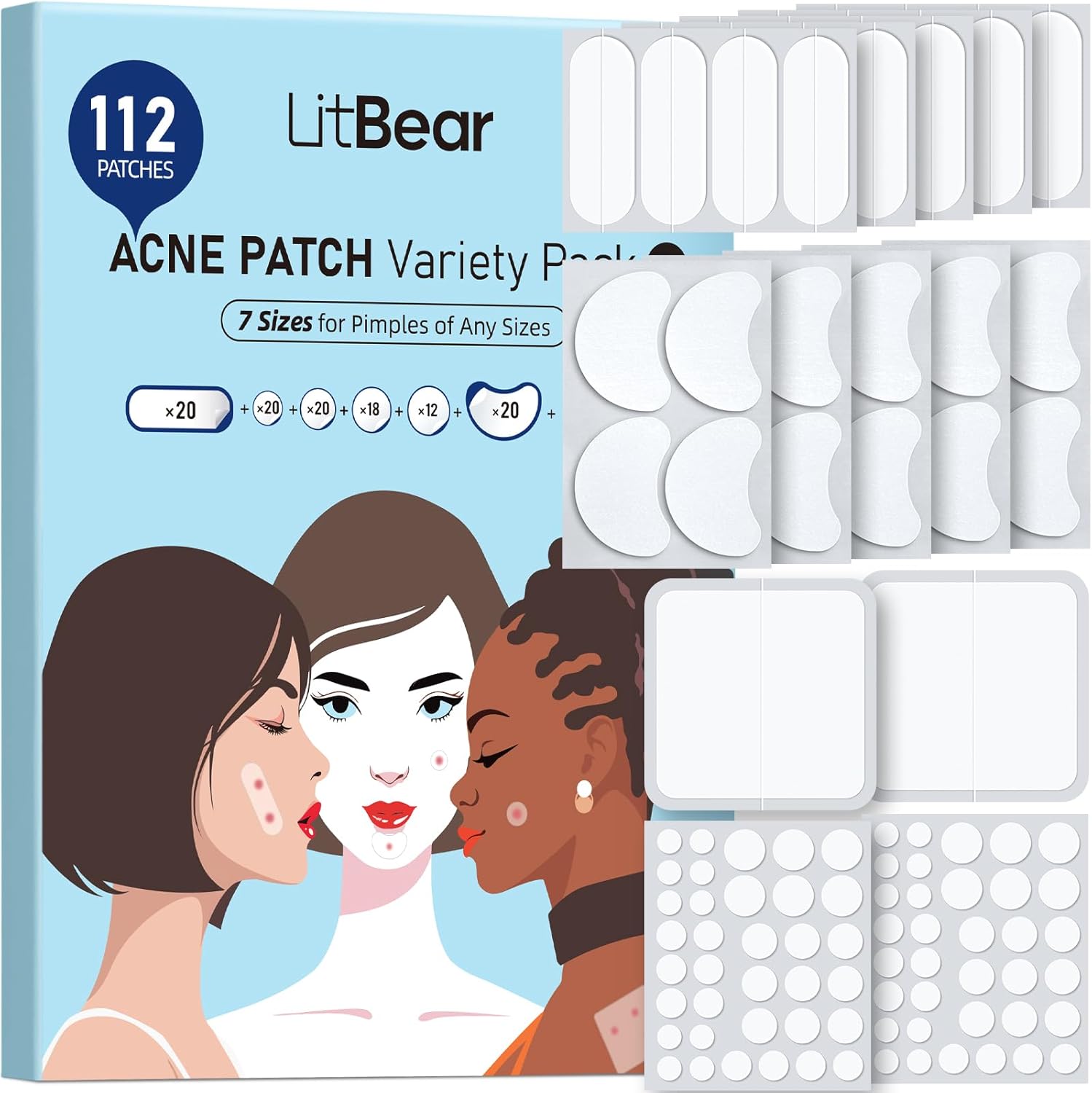 LitBear Large Pimple Patches 112 count front view packaging showing various hydrocolloid bandage shapes.