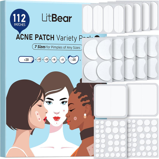 LitBear Large Pimple Patches 112 count front view packaging showing various hydrocolloid bandage shapes.