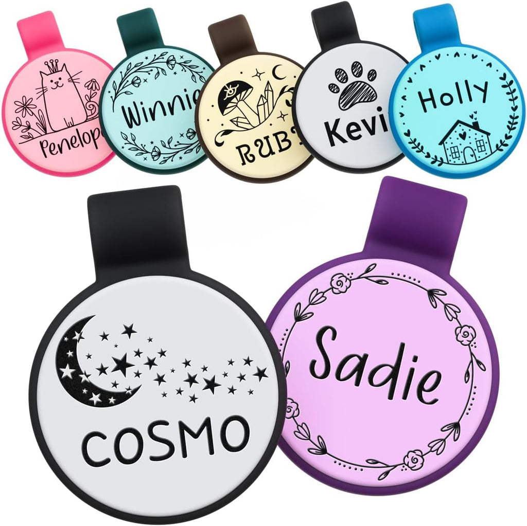 Brayhoo silent silicone dog tags front view featuring custom engraved name Cosmo and moon star design.