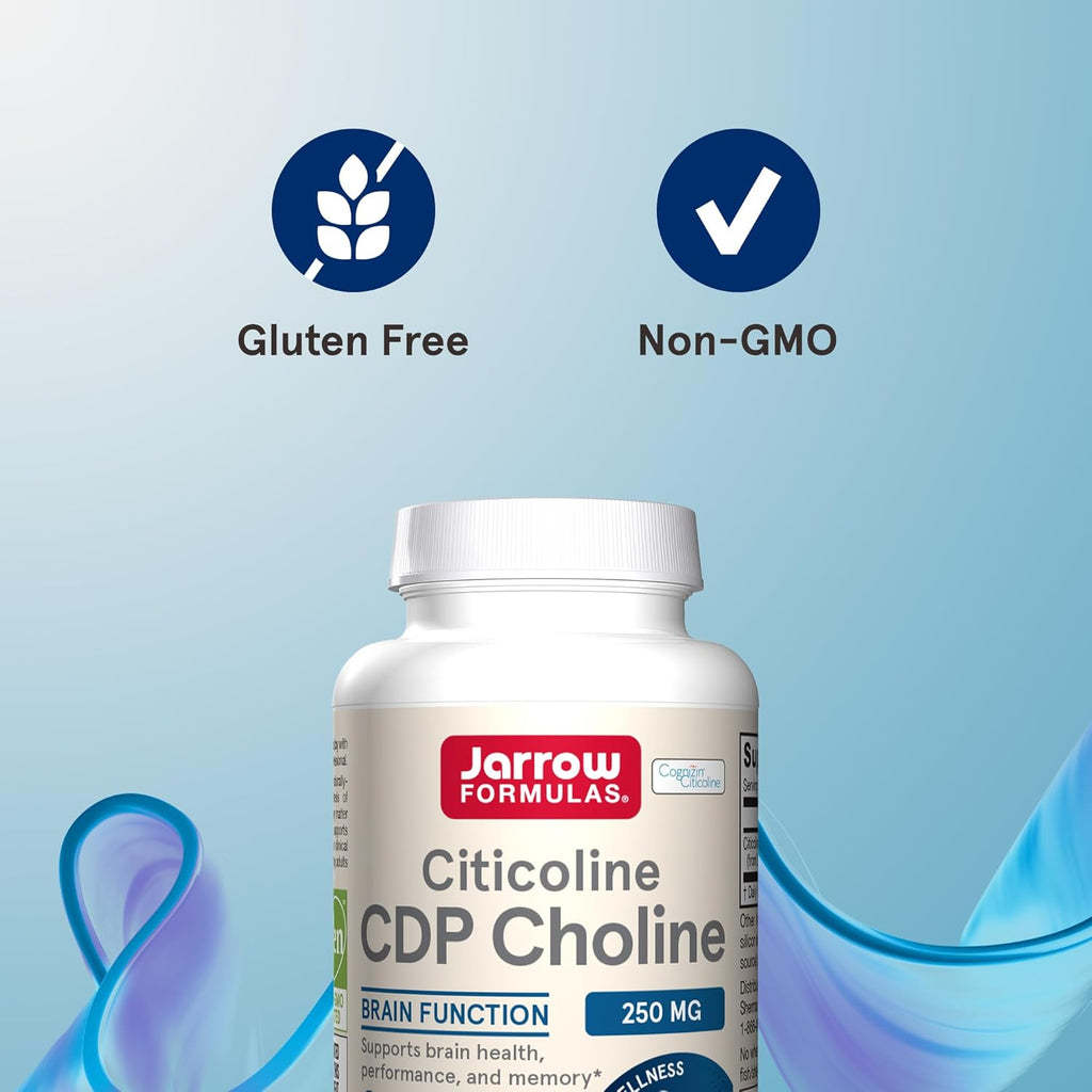 Close-up of Jarrow cognitive performance dietary capsules bottle with clear usage directions.